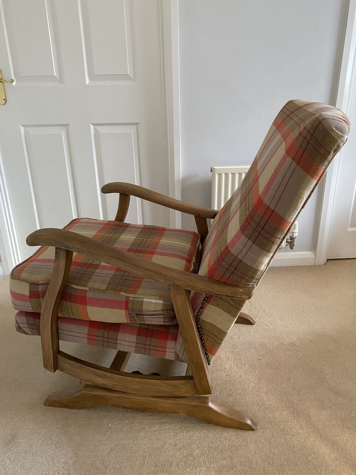 Rocking Chair 20th Century In Oak, Upholstered In Tartan photo buy