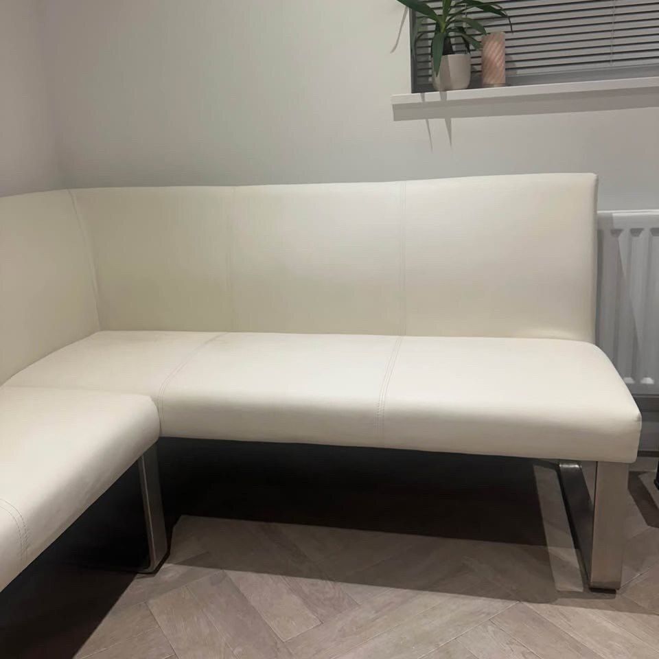 5 Seater White Faux Leather & Stainless Steel Left Hand Corner Kitchen Sofa