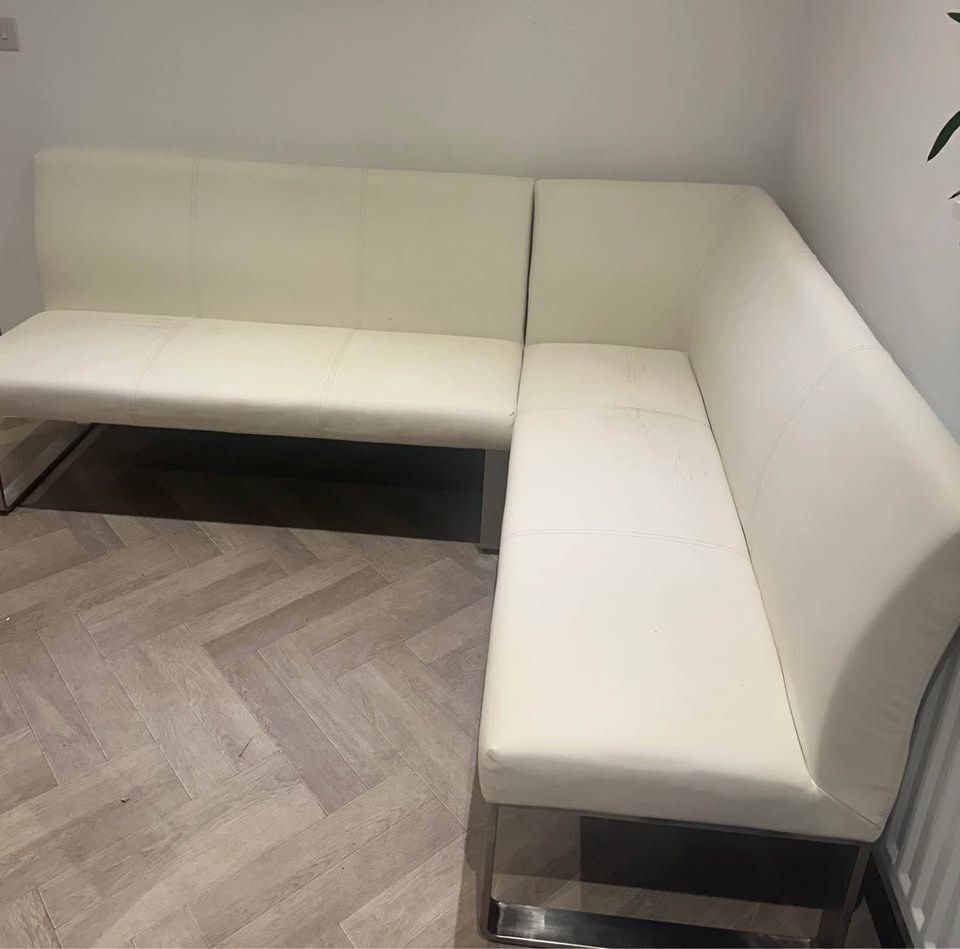 5 Seater White Faux Leather & Stainless Steel Left Hand Corner Kitchen Sofa photo furniture