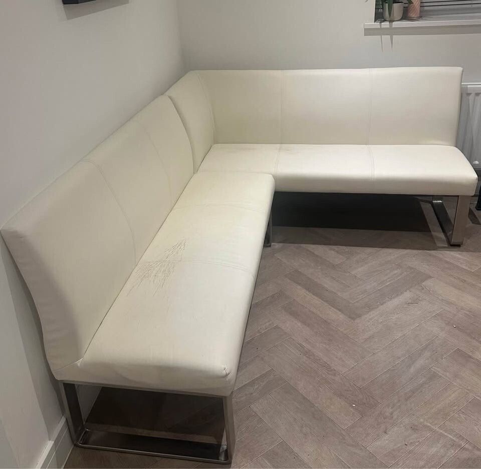 5 Seater White Faux Leather & Stainless Steel Left Hand Corner Kitchen Sofa photo Furniture