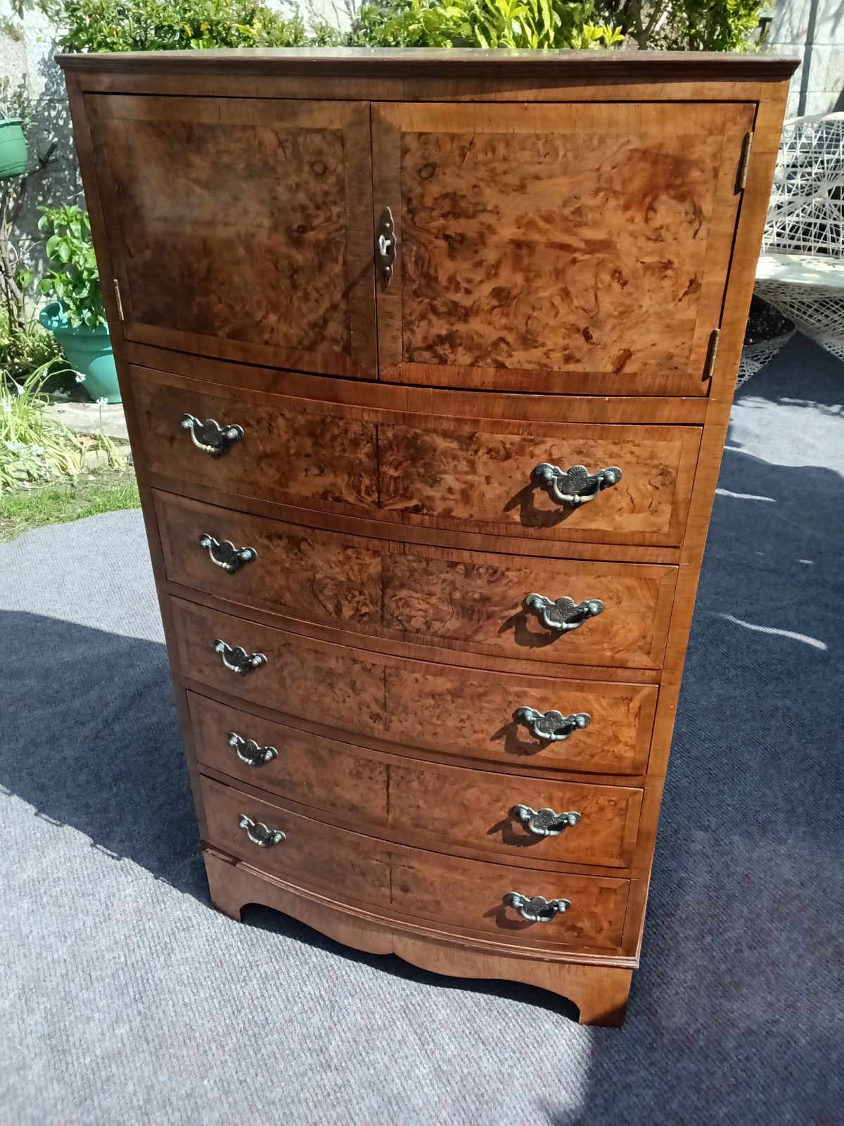 Walnut Chest Of Drawers With Top Cupboard.