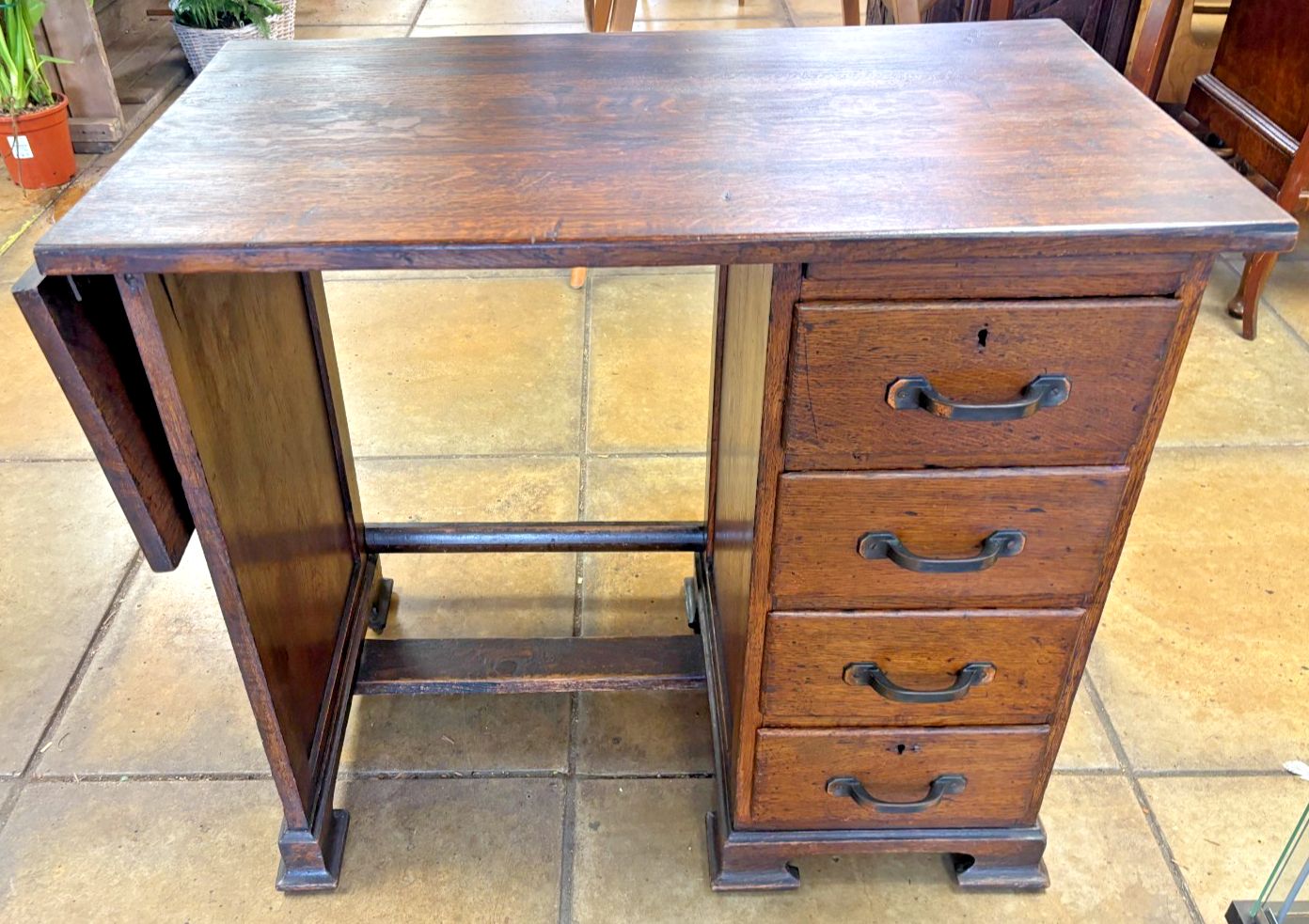 Antique 1920's Dark Oak Child's Desk With Lateral Wing & Drawers