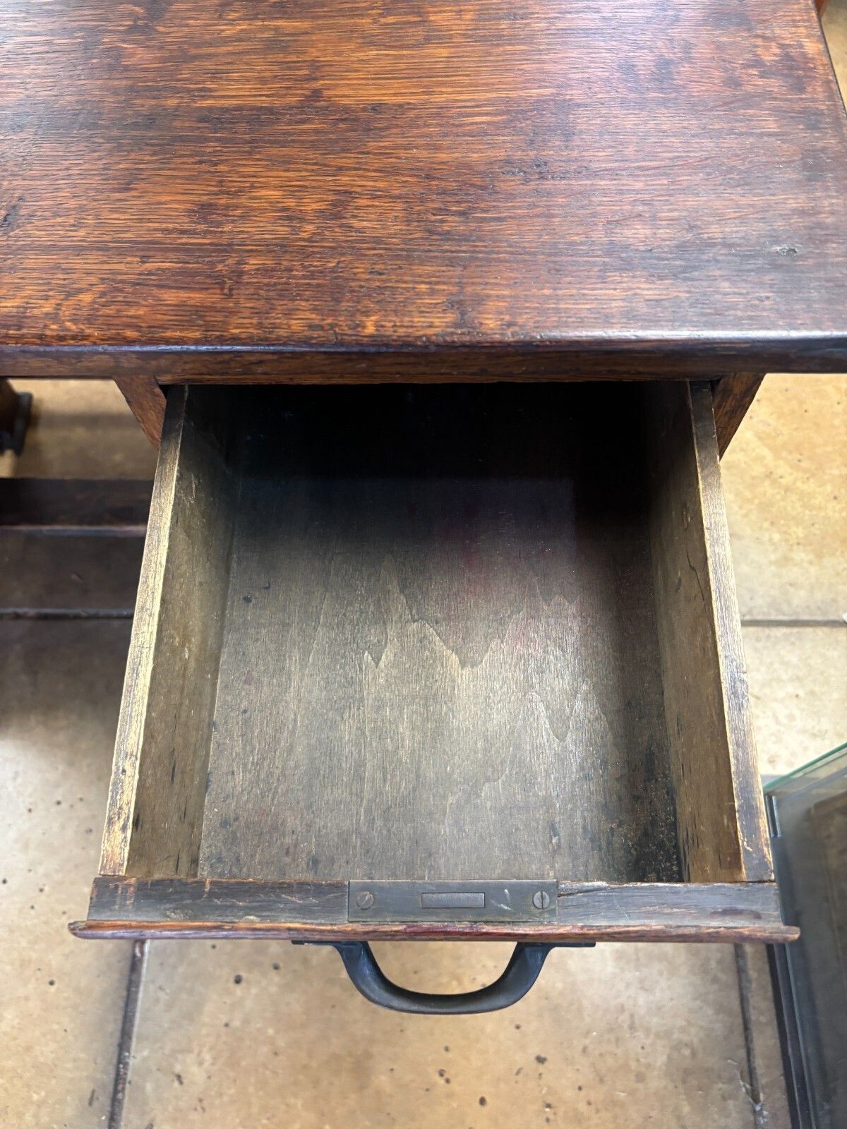 Furniture Antique 1920's Dark Oak Child's Desk With Lateral Wing & Drawers photo