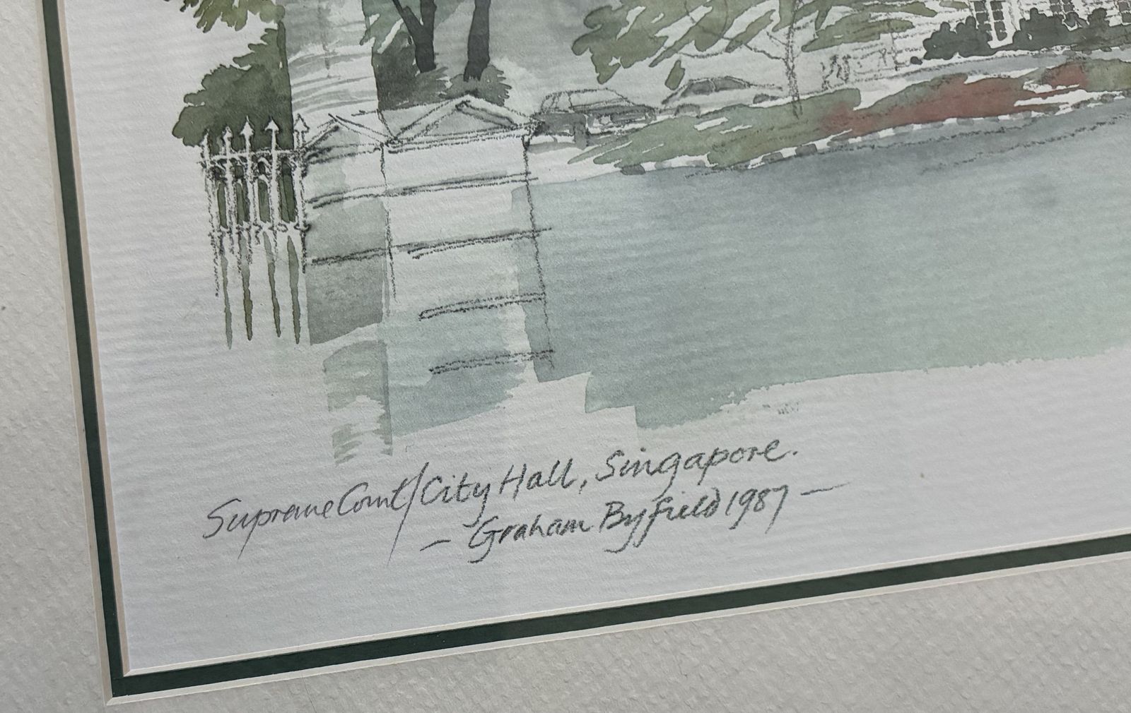 Signed Graham Byfield Architectural Lithograph, Singapore Supreme Court & City Hall, Dated 1987 photo for sale