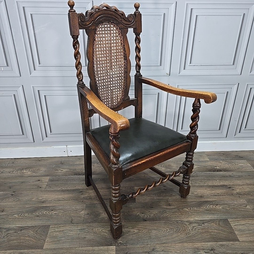 Antique Victorian Throne Chair   Oak Barley Twist Carved Armchair Cane   Leather photo furniture