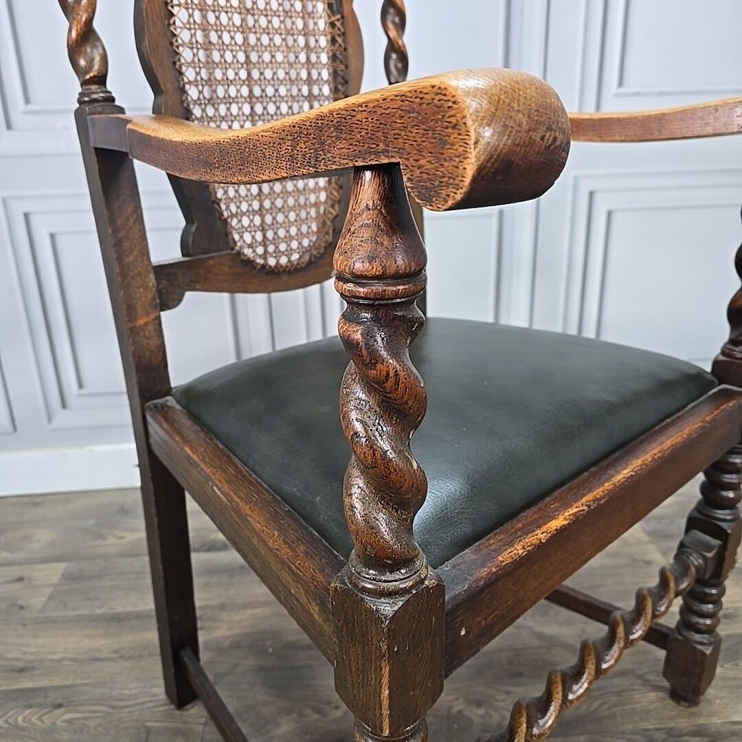 Antique Victorian Throne Chair   Oak Barley Twist Carved Armchair Cane   Leather photo vintage