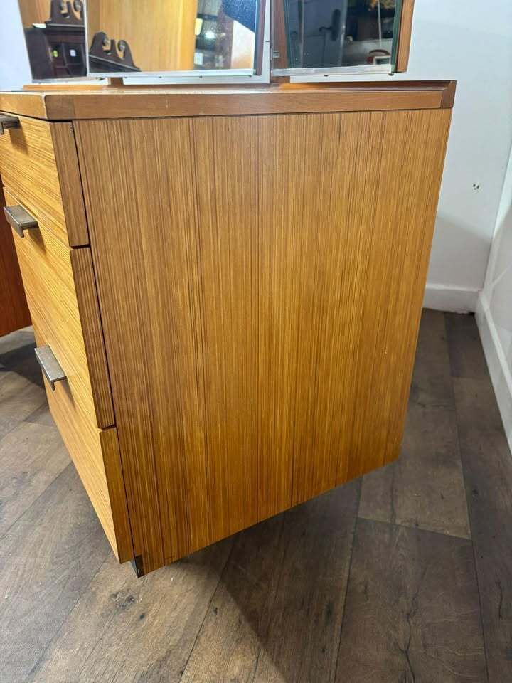 Mid Century Teak Stag Curved Triple Dressing Table photo vinterior