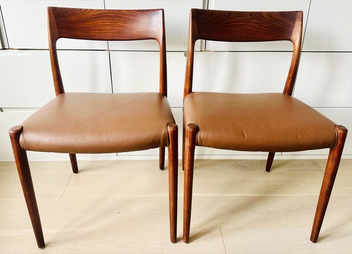 Pair Of Mid Century 1960s Danish Rosewood & Brown Leather Niels Møller For J.L. Møllers Møbelfabrik Model 77 Dining Chairs photo Furniture