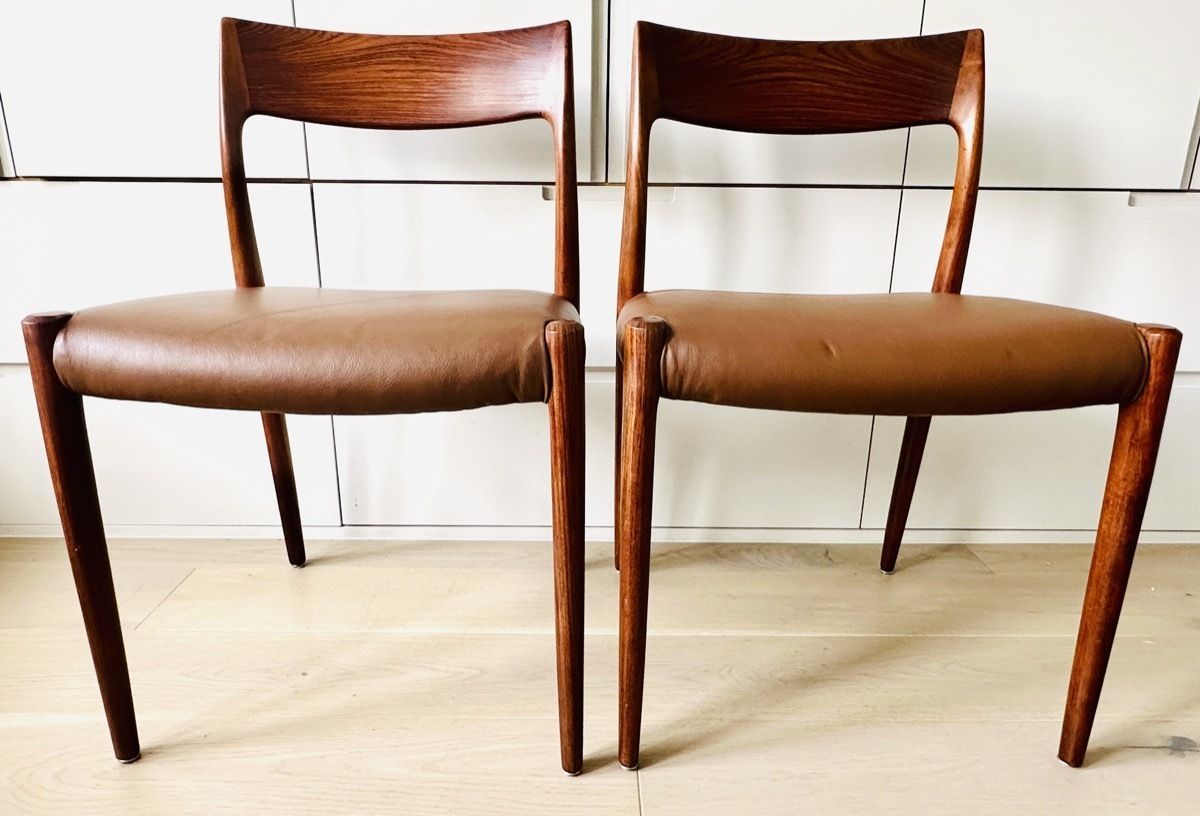 Pair Of Mid Century 1960s Danish Rosewood & Brown Leather Niels Møller For J.L. Møllers Møbelfabrik Model 77 Dining Chairs photo buy