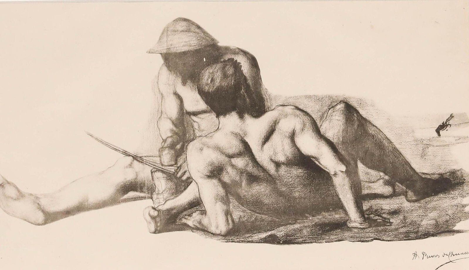 After Pierre Puvis De Chavannes (1824 1898)   Lithograph, Two Reapers Sitting photo for sale