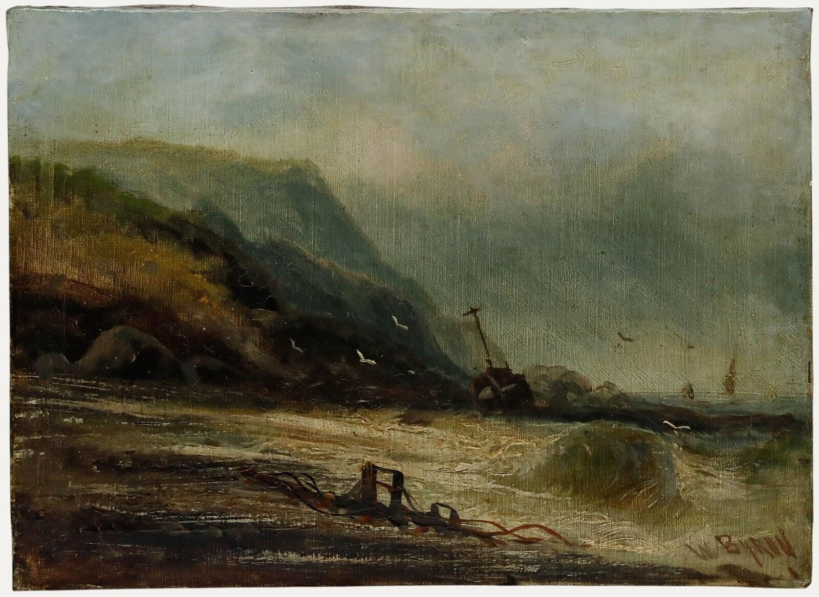 W. Byron (1860 1920)   Late 19th Century Oil, Shipwreck Under The Cliffs