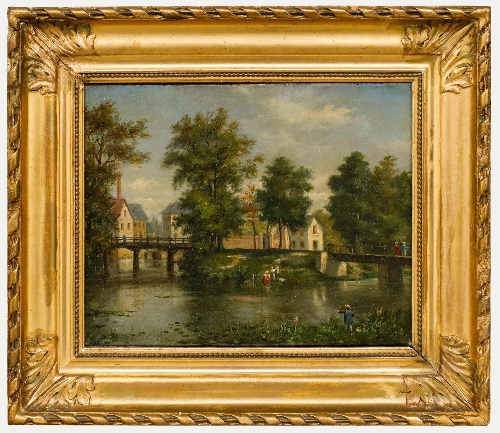 French School 19th Century Oil   On The Riverbanks