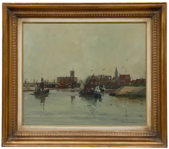 Georg Hambüchen (1901 1971)   Framed Mid 20th Century Oil, A Quiet Dutch Harbour photo furniture