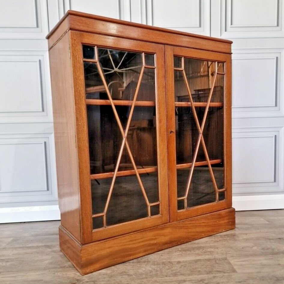 Antique Astral Bookcase   Glass Wooden Shelves Display Cabinet Glass Door