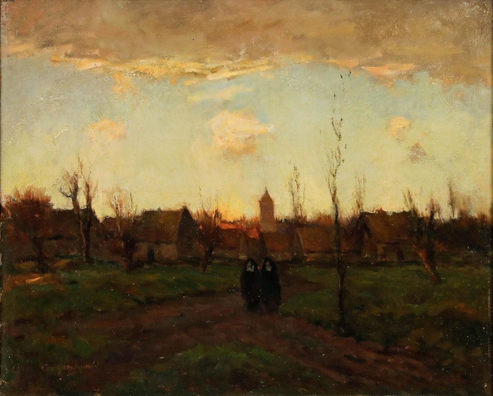 Cornelis Groeneveld (1882 1952)   Early 20th Century Oil, Nuns Walking At Dusk photo for sale