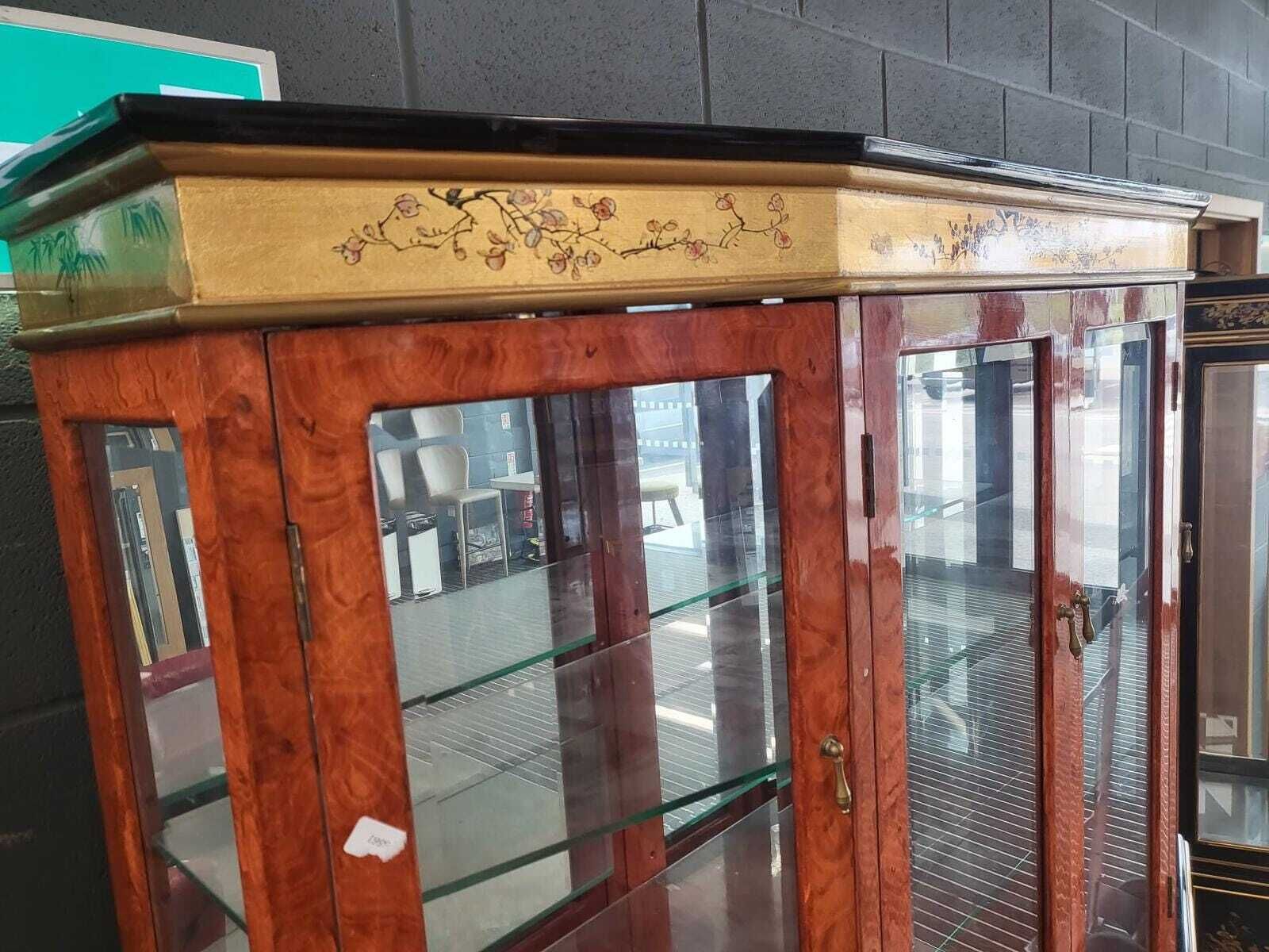 photo for sale Chinese Ornate Glazed Curved Bookcase Display Cabinet Drawers