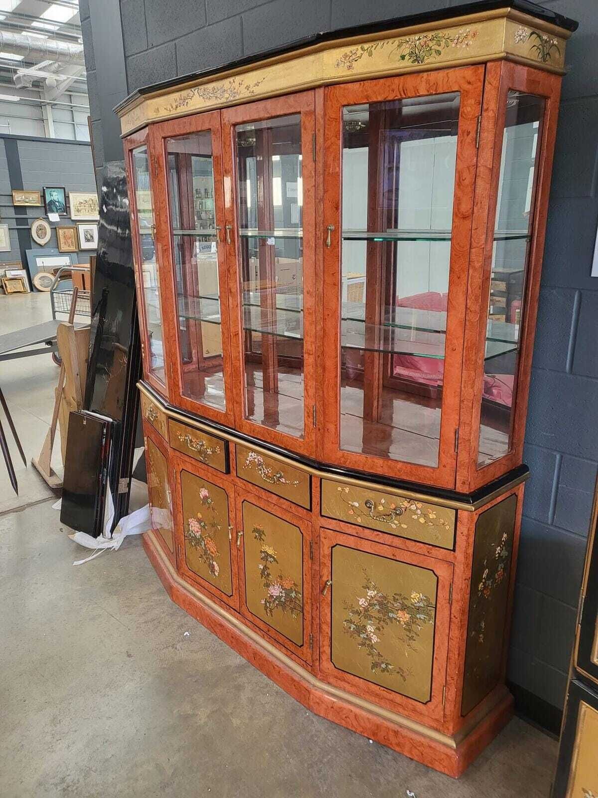 photo vinterior Chinese Ornate Glazed Curved Bookcase Display Cabinet Drawers
