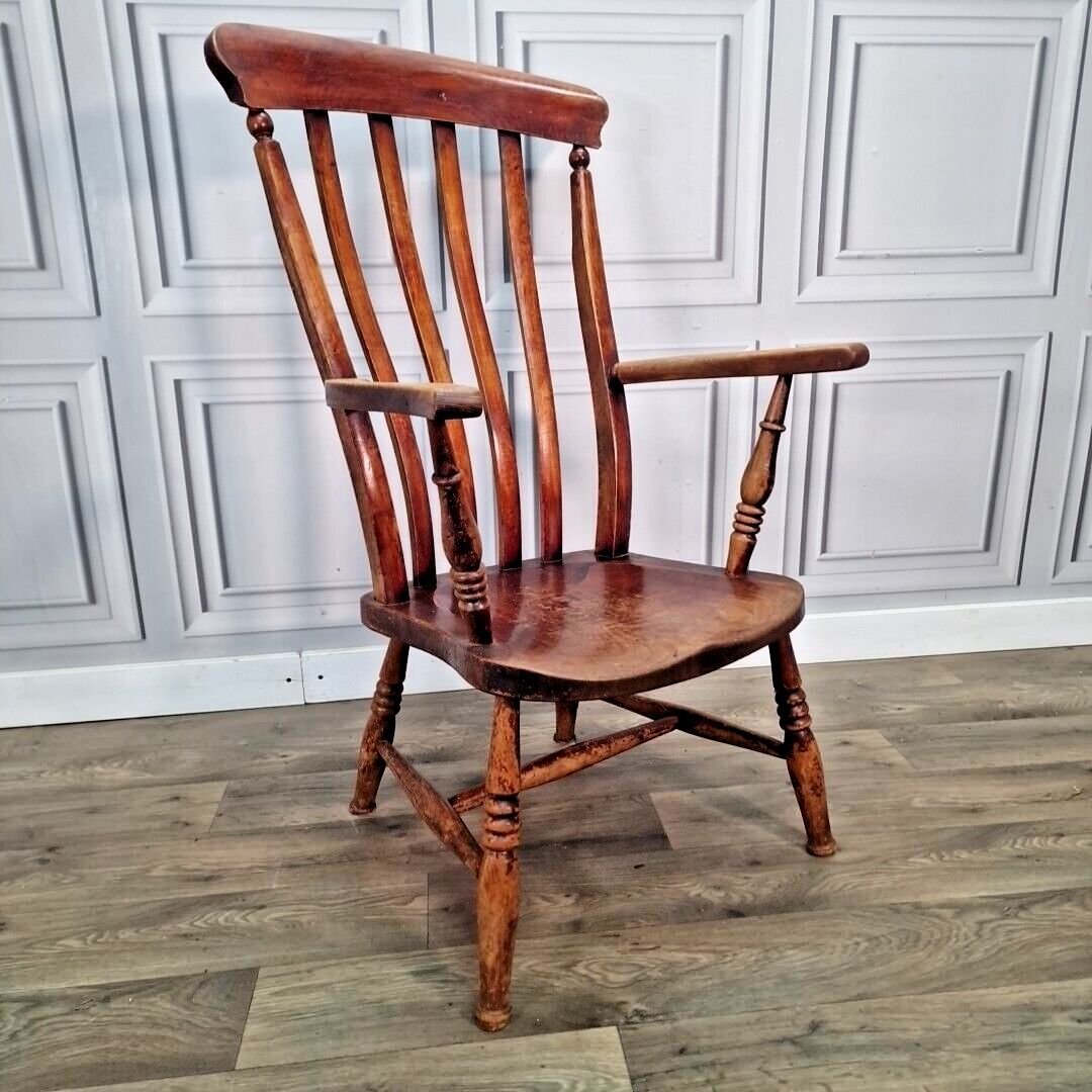 Antique Lath Back Chair Wood Elm & Beech Country High Slat 19th Century Armchair