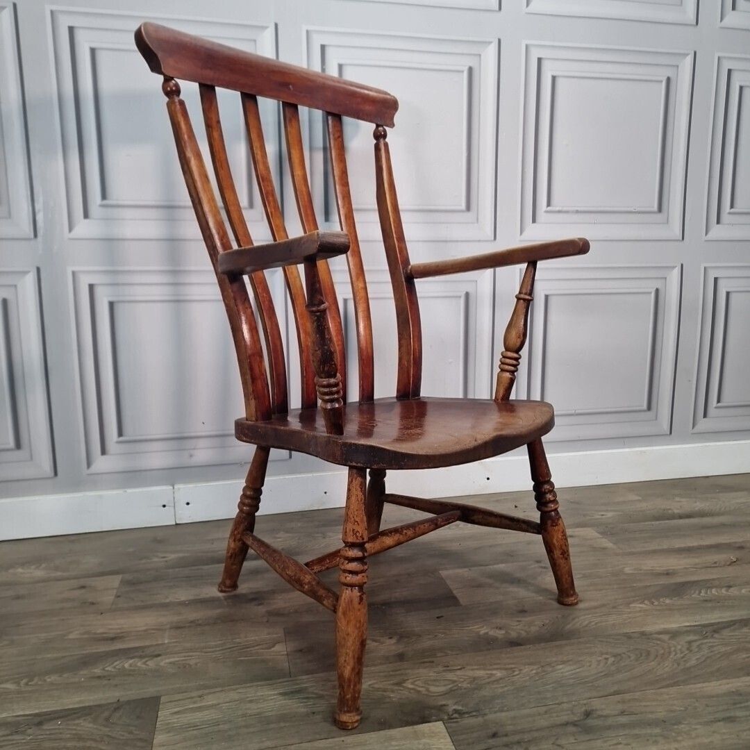 Antique Lath Back Chair Wood Elm & Beech Country High Slat 19th Century Armchair photo furniture