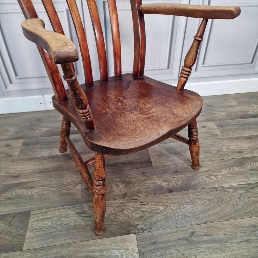 Antique Lath Back Chair Wood Elm & Beech Country High Slat 19th Century Armchair photo for sale