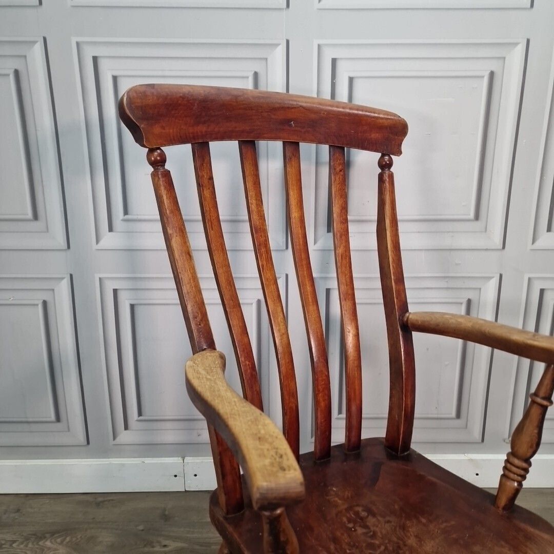 Antique Lath Back Chair Wood Elm & Beech Country High Slat 19th Century Armchair photo Furniture