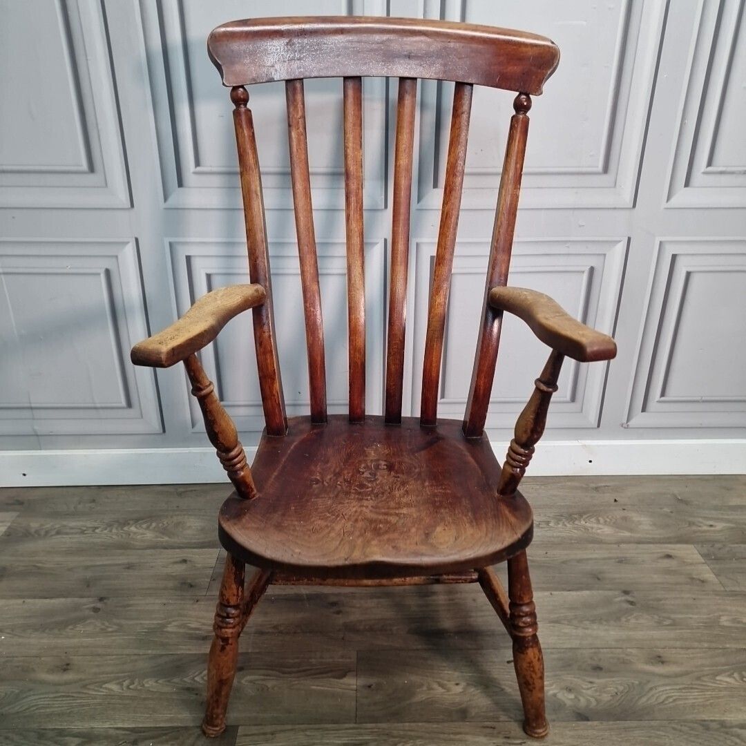 Antique Lath Back Chair Wood Elm & Beech Country High Slat 19th Century Armchair photo 380.0