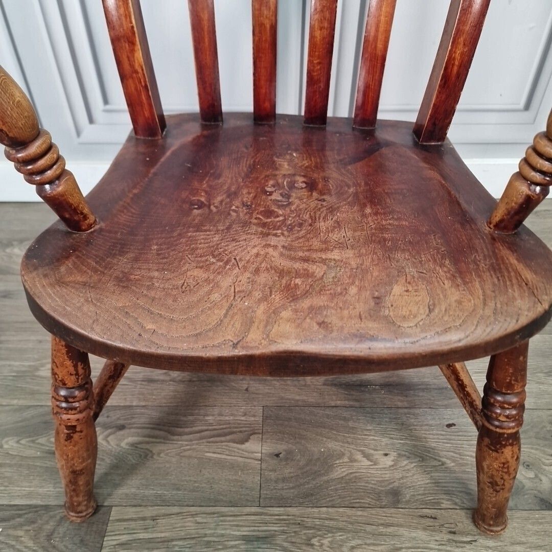 Antique Lath Back Chair Wood Elm & Beech Country High Slat 19th Century Armchair photo vintage