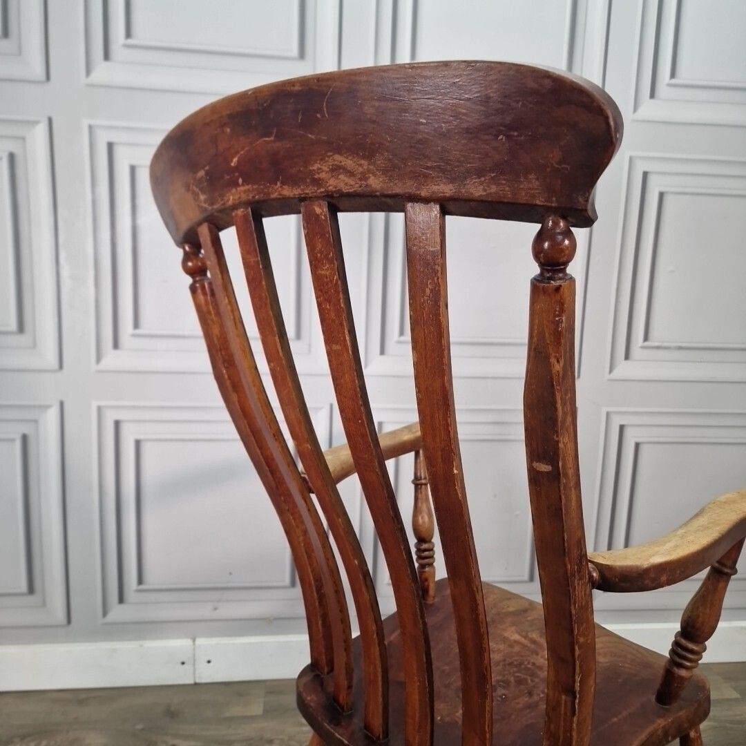 photo vintage Antique Lath Back Chair Wood Elm & Beech Country High Slat 19th Century Armchair