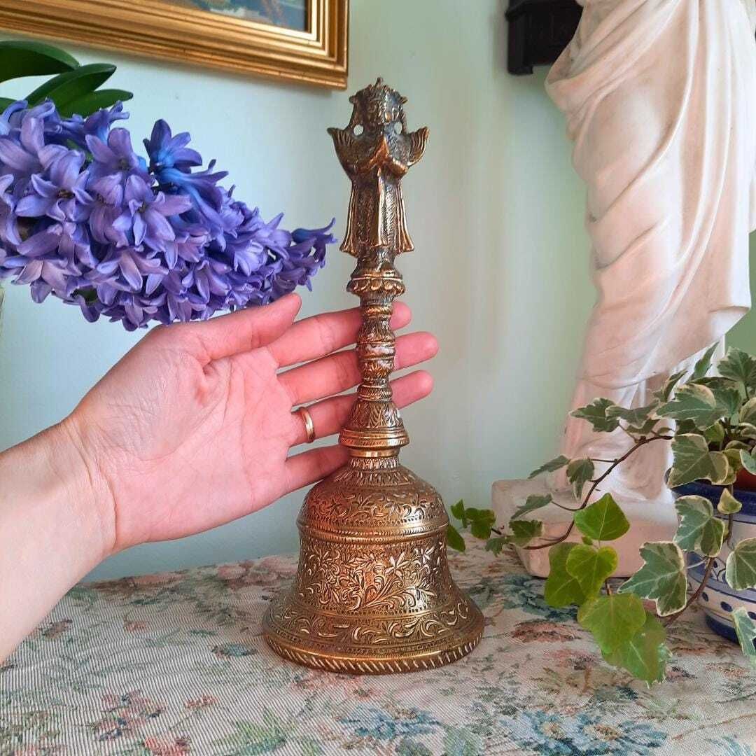 Large Heavy Indian Antique Rare Temple Bell Hindu Religious Brass Hanuman Bell H 11.2''