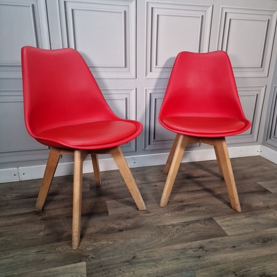 Pair Dining Chairs Retro Red Faux Leather   Mid Century Modern Contemporary