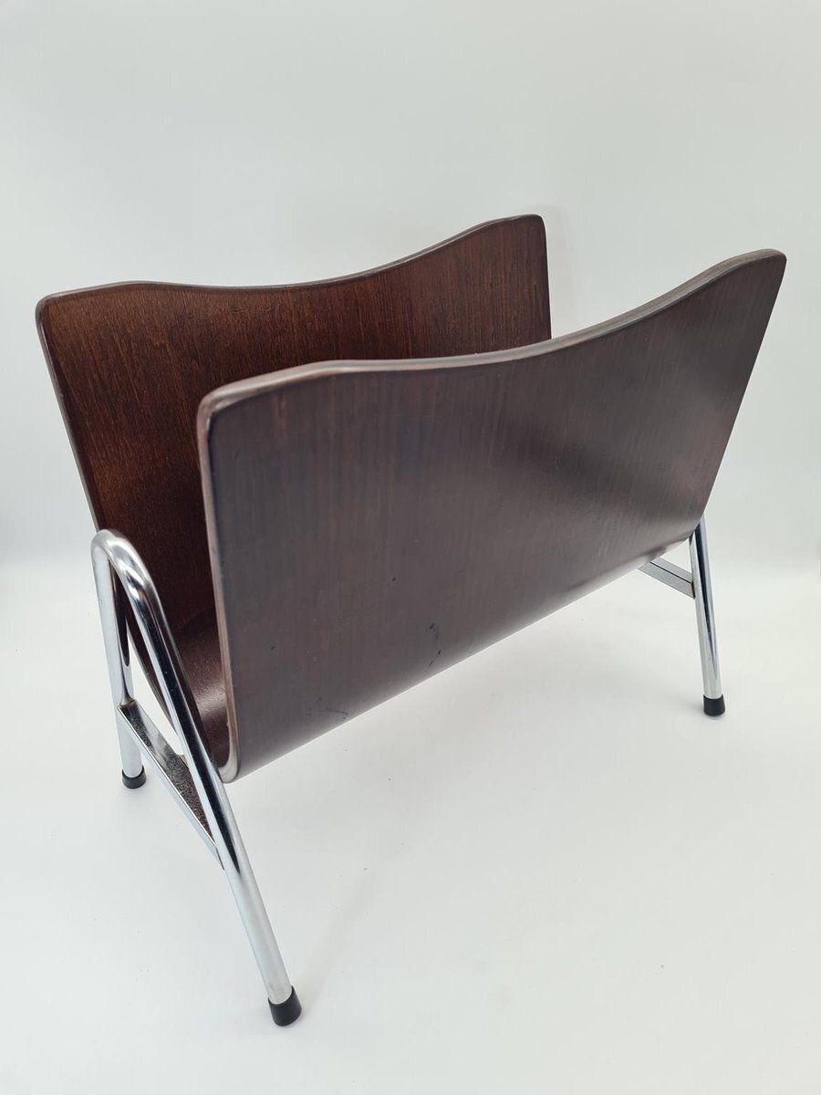Mid Century Modern Magazine Rack In Bent Plywood And Chrome, 1960s photo furniture