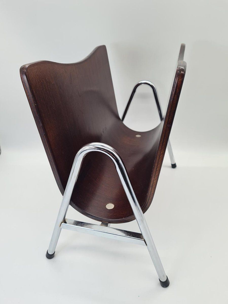 Mid Century Modern Magazine Rack In Bent Plywood And Chrome, 1960s photo for sale