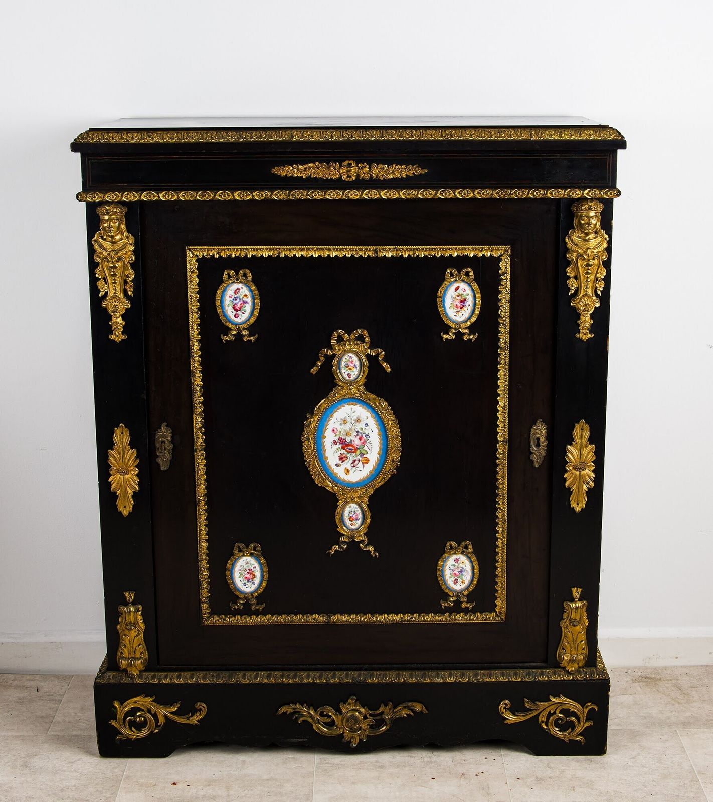 Antique French Ebonised Ormolu Mounted Cabinet With Sevres Style Porcelain Plaques photo furniture