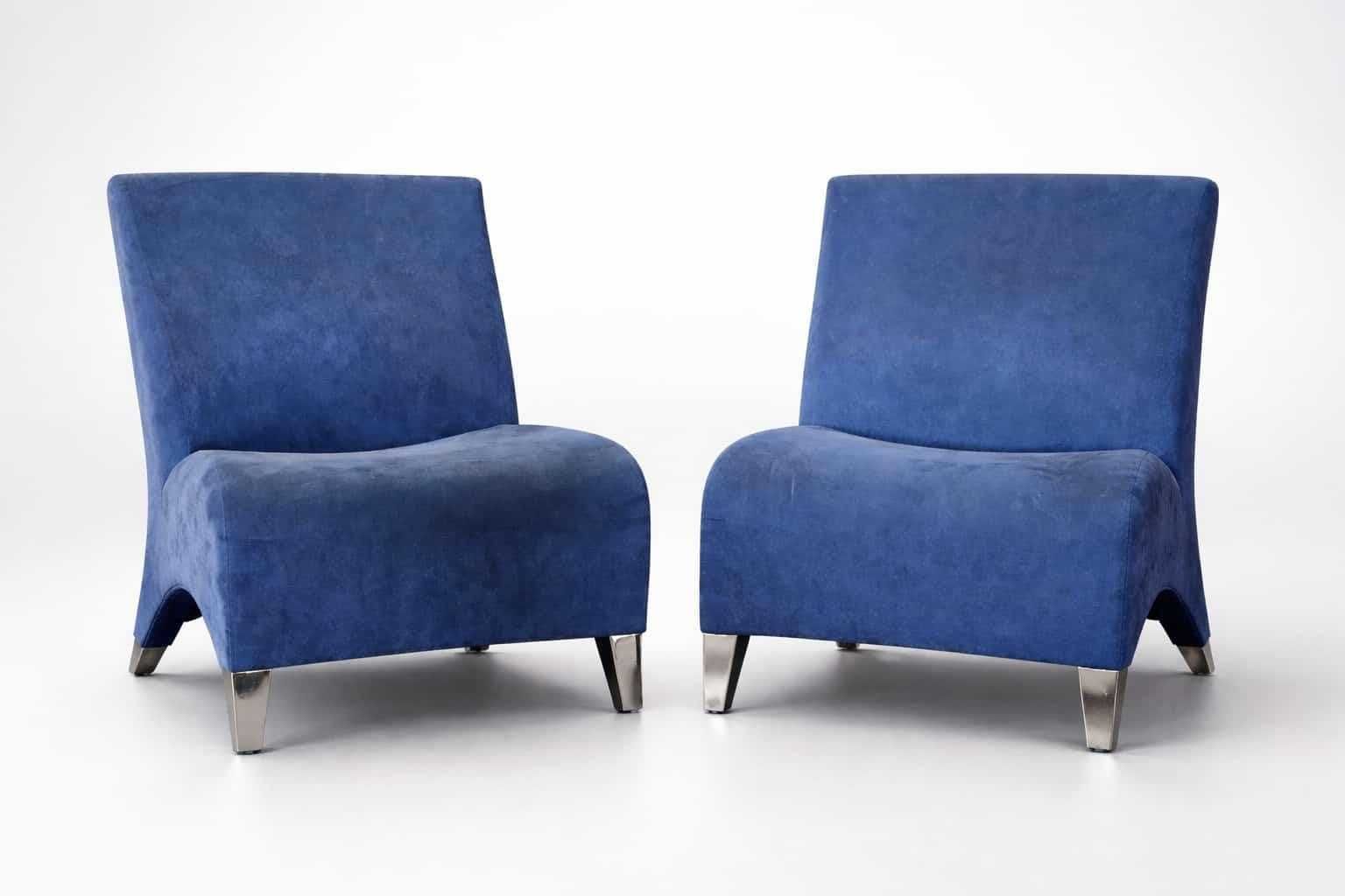 A Pair Of Vintage 80s Oken Blue Suede Chairs With Chrome Legs photo for sale