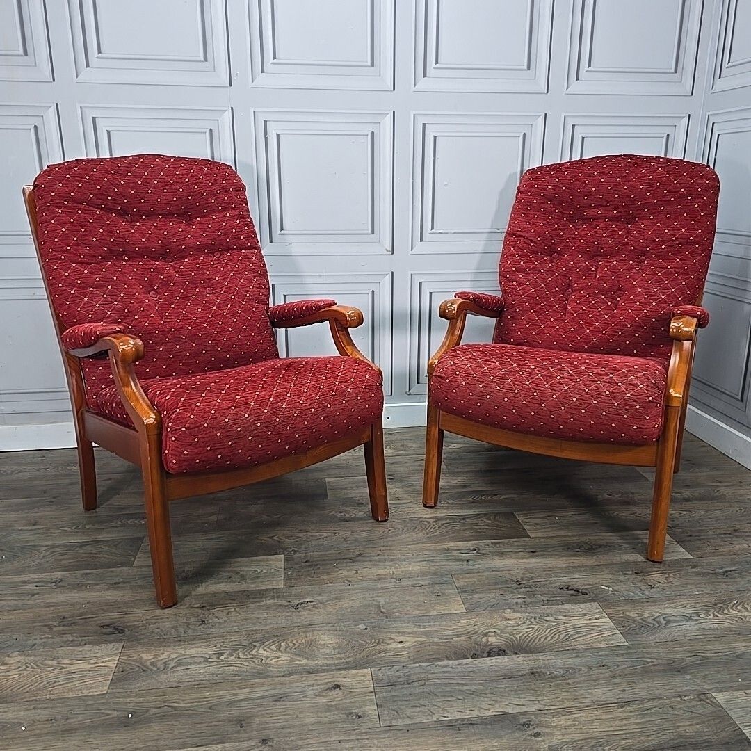 Pair Mid Century Armchairs Wooden Red Upholstery High Back Vintage Retro Chair photo furniture