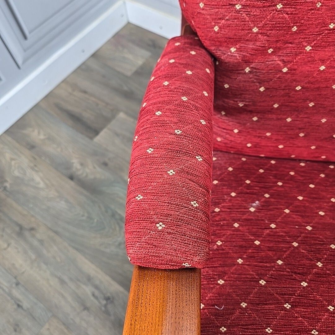 Pair Mid Century Armchairs Wooden Red Upholstery High Back Vintage Retro Chair photo 290.0