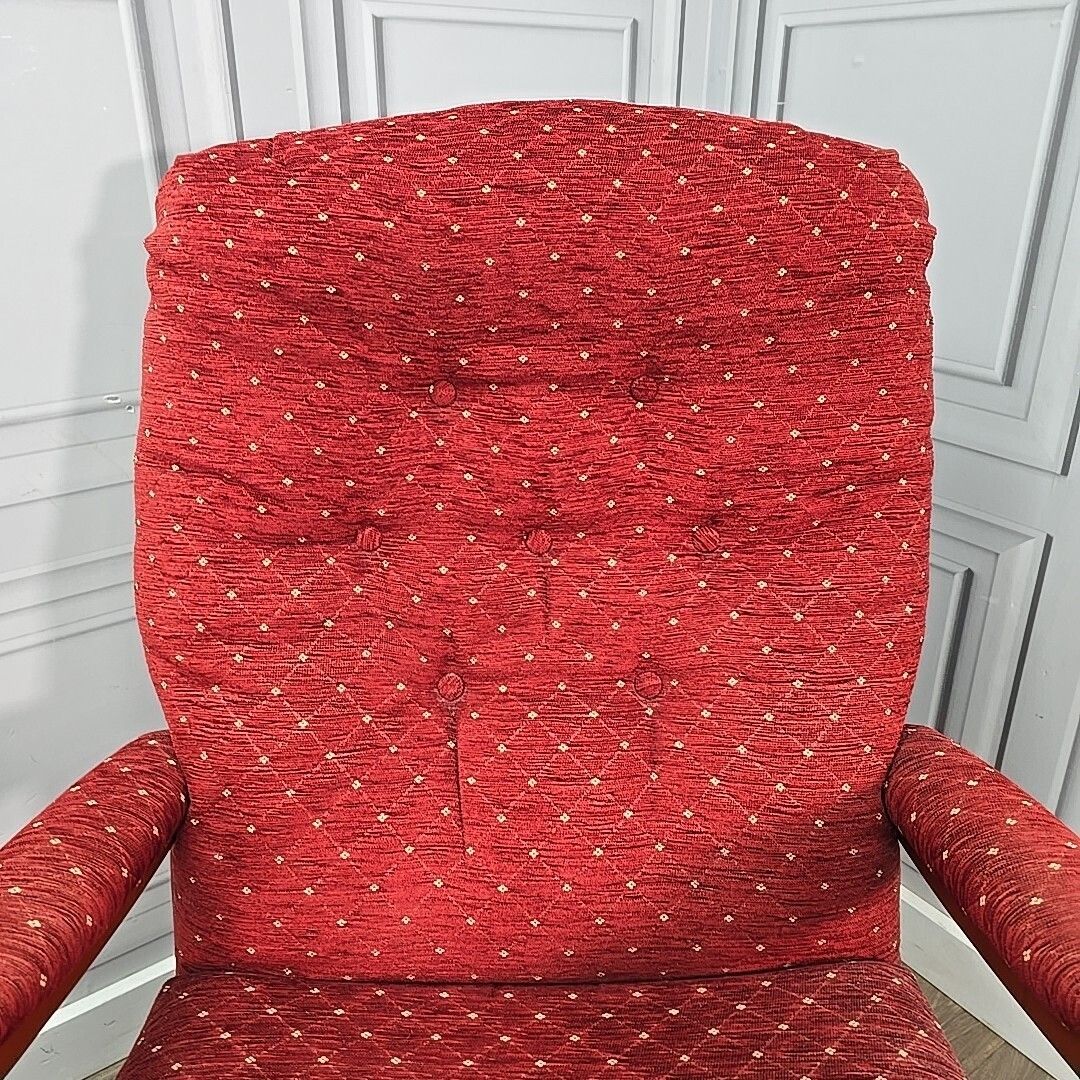 photo for sale Pair Mid Century Armchairs Wooden Red Upholstery High Back Vintage Retro Chair