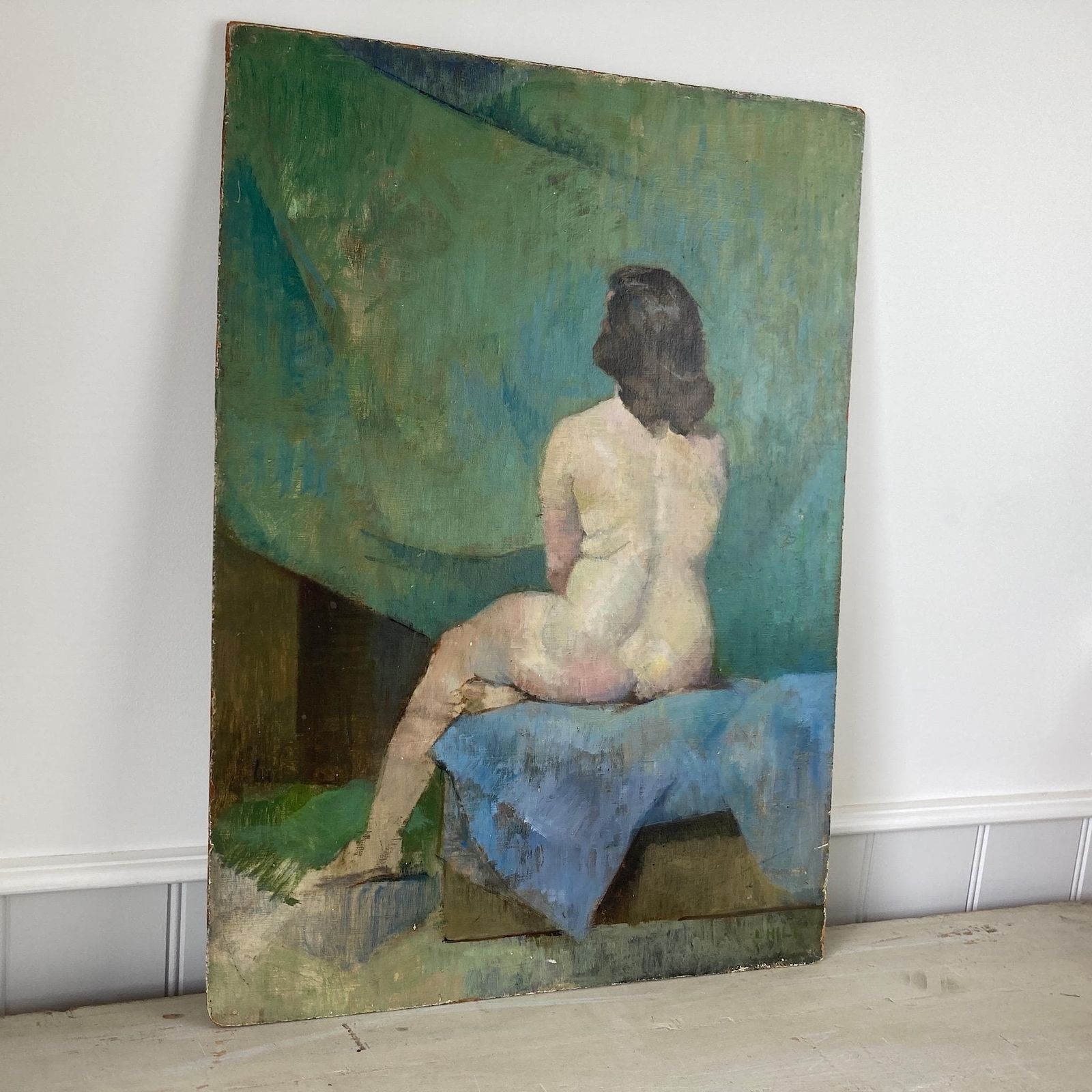 Gentle Rest – Study Of The Female Form Vintage Oil On Board Painting photo furniture
