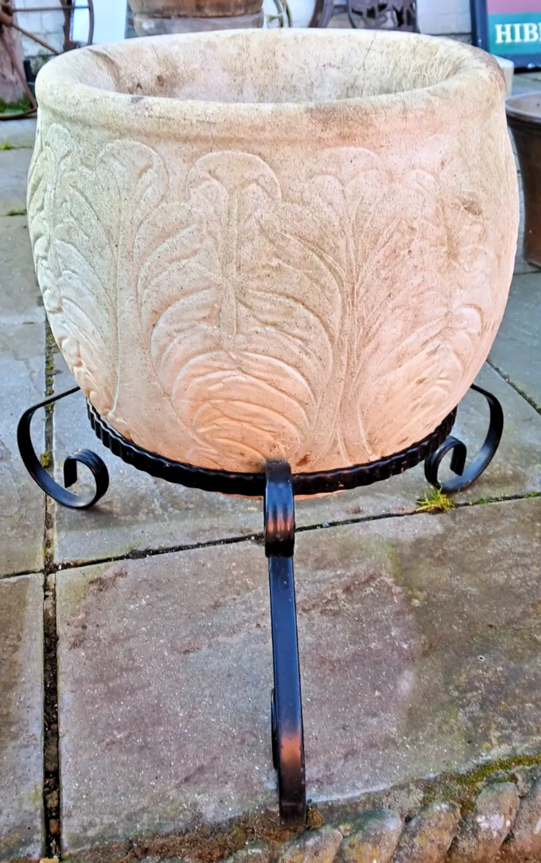 Vintage Weathered Concrete Planter On Metal Stand photo for sale