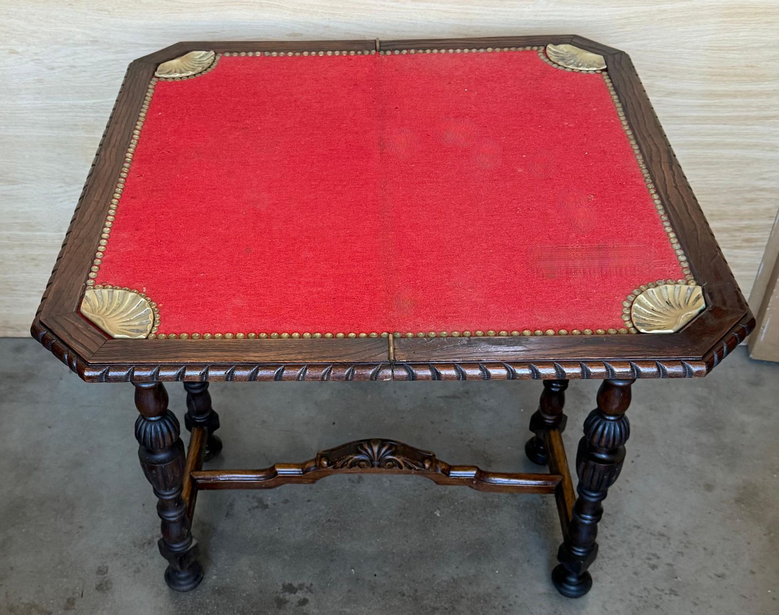 photo for sale 19th Century Spanish Hand Carved Card Foldable Table With Bronze Mounts