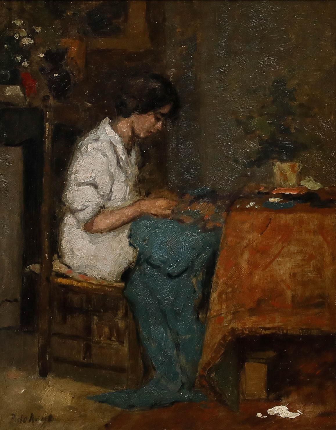 Pieter De Regt (1877 1960)   Early 20th Century Oil, Quietly Sewing photo furniture