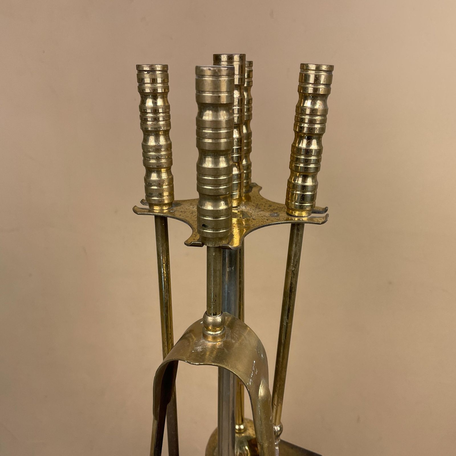 Antique Brass Gold Metal Fireside Tools Stand Vintage Companion Set Fireplace Gold Fireside Fire Farmhouse Cottage Four Piece 4 Round photo buy