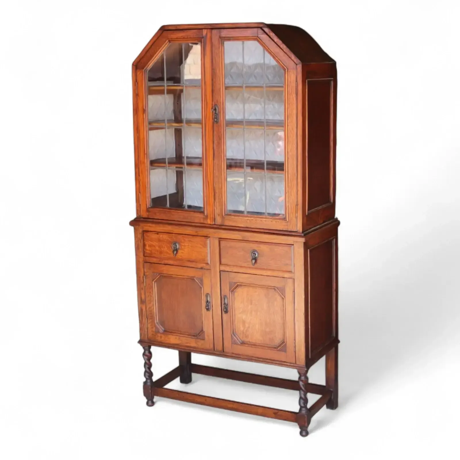 Furniture Antique Oak Leaded Glass Bookcase Jacobean Revival Arts & Crafts Style Cabinet photo
