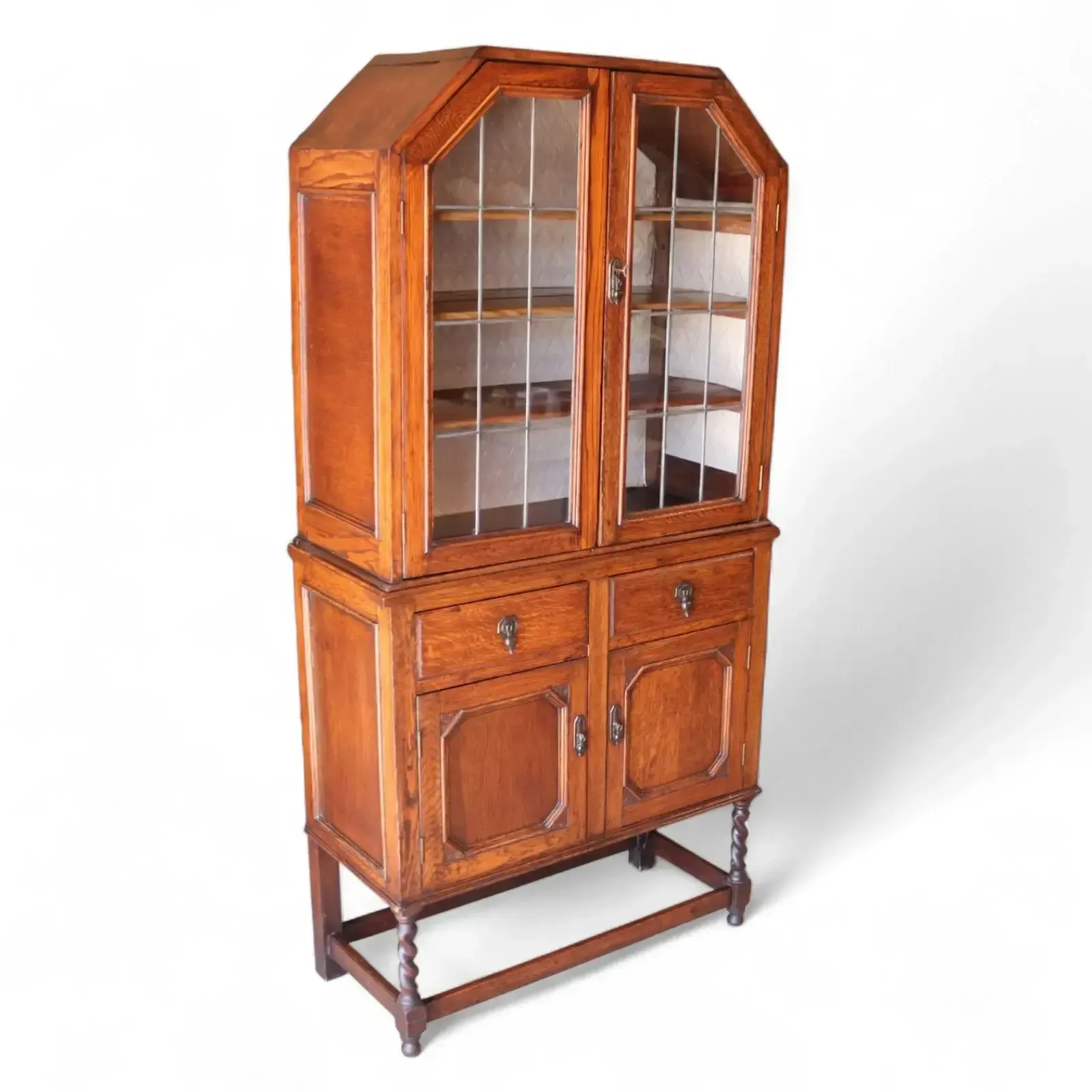photo vinterior Antique Oak Leaded Glass Bookcase Jacobean Revival Arts & Crafts Style Cabinet