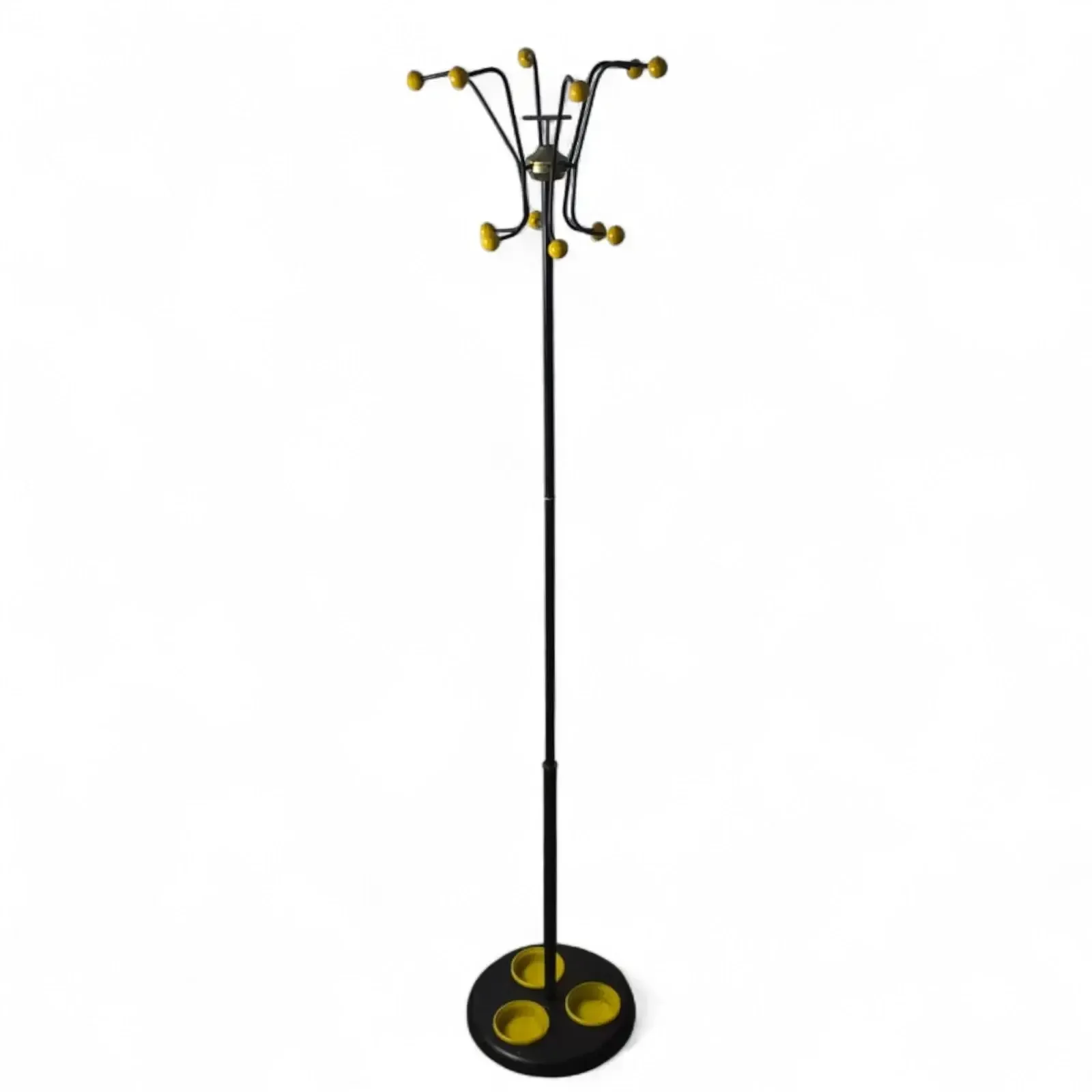 Vintage Mid Century Modern Coat Stand   Atomic Yellow Ball Finials   1960s
