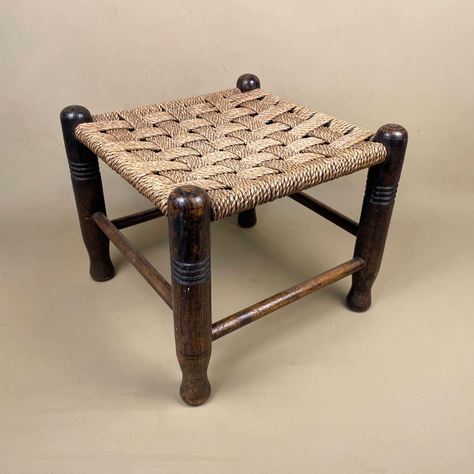 Antique Wooden Foot Stool Woven String Wood Cottage Furniture Square Brown Hallway Seat 24.5x28x28cm Footstool Bench photo furniture