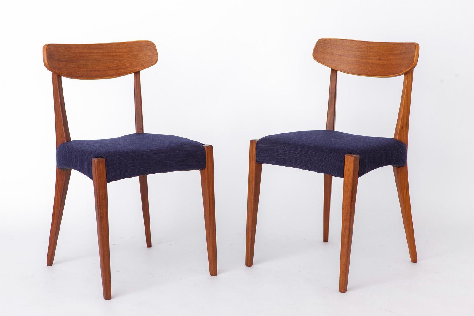 Set Of 3 Danish Teak Chairs 1960s, Vintage Mid Century Dining Chairs, Dark Blue Upholstered Seats photo for sale
