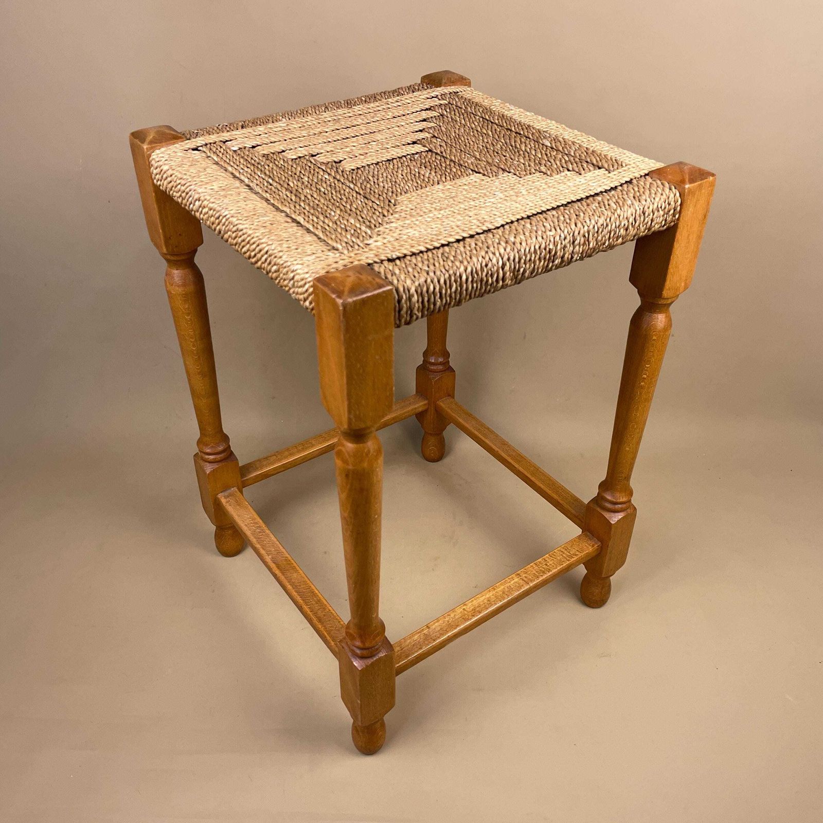 photo for sale Antique Wooden Foot Stool Woven String Wood Cottage Furniture Square Brown Hallway Seat 45x30x30cm Footstool Bench
