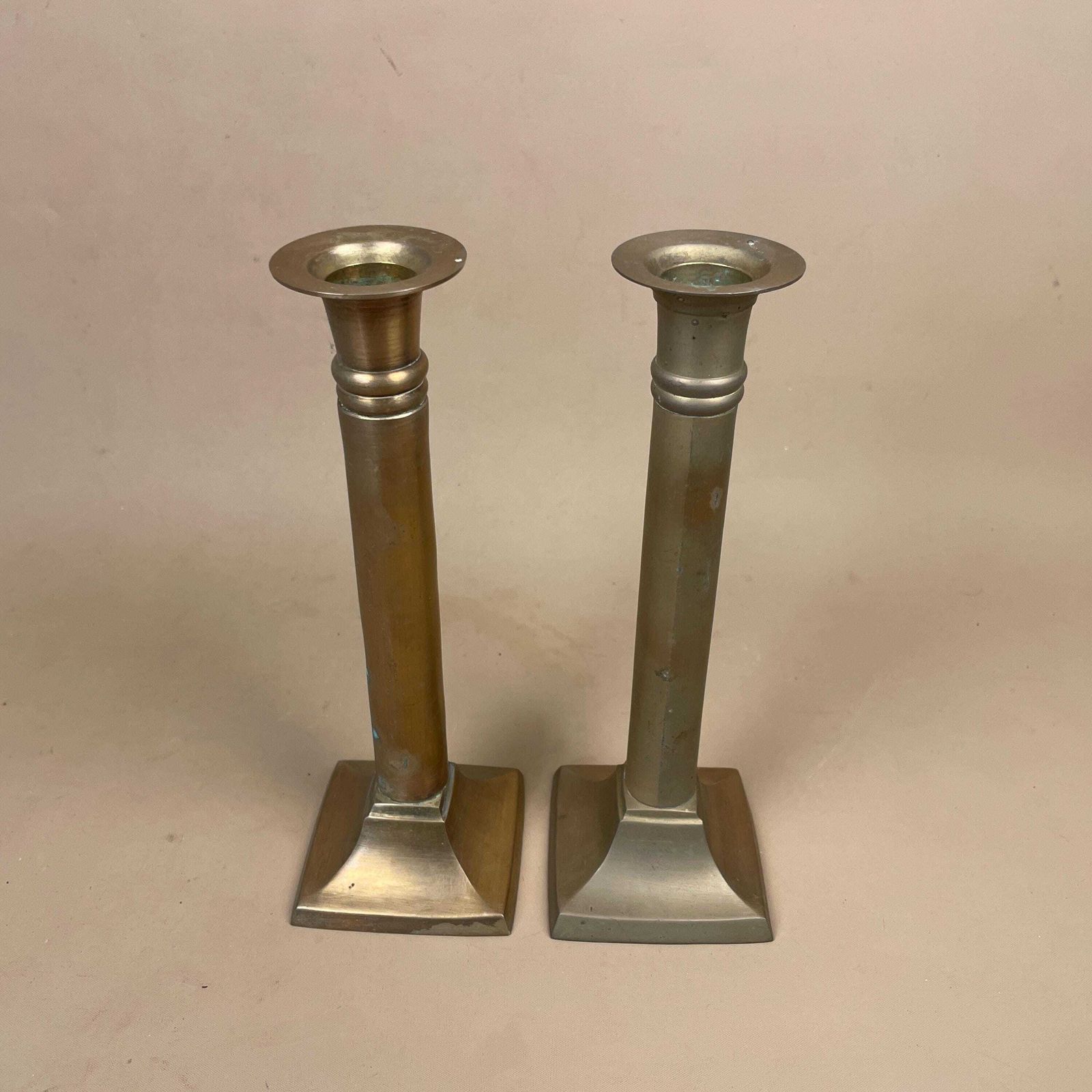 Antique Matching Pair Of Gold Brass Metal Candlestick Candle Stick Holder Vintage Column Taper Dinner Candlesticks Square Base Pillar photo furniture