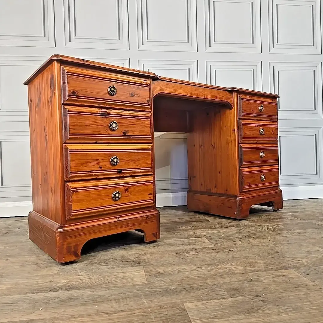 Vintage Ducal Dressing Table Pine Twin Pedestal Desk Solid Wood 9 Drawer Writing